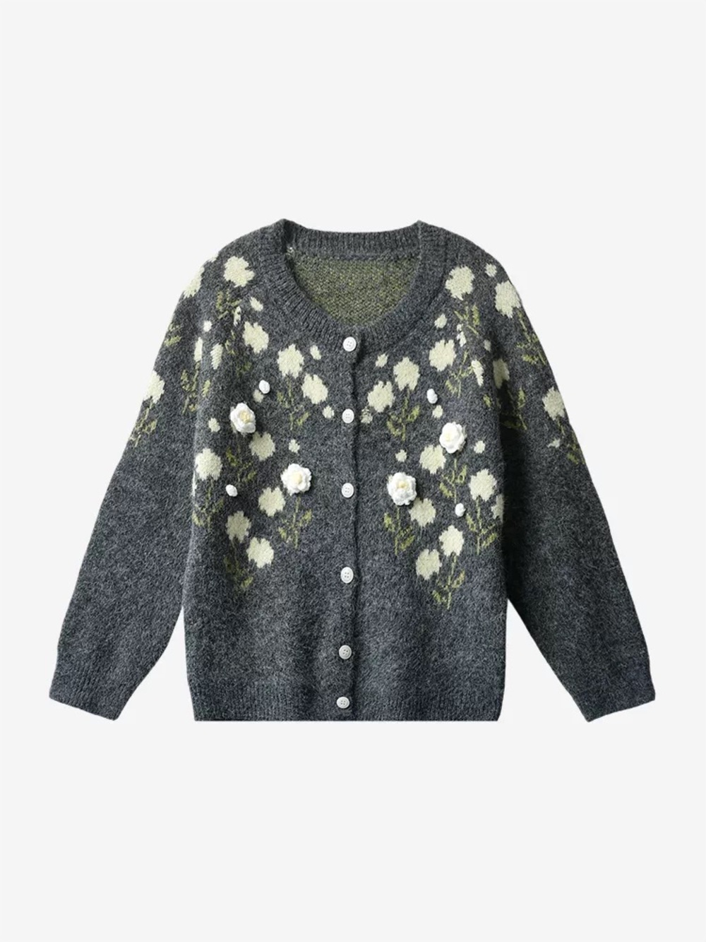 Dark Gray Floral Knit Cardigan Sweater